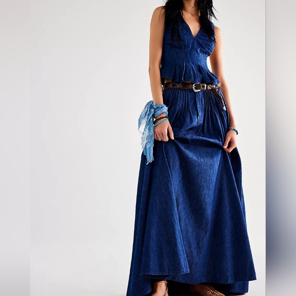 Free People Clean Coastal Denim Set Maxi Skirt Peplum Tank Dark Space Girl Wash